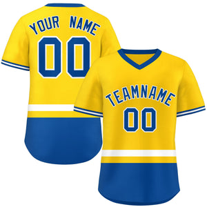 Custom Gold White-Royal Color Block Personalized V-Neck Authentic Pullover Baseball Jersey