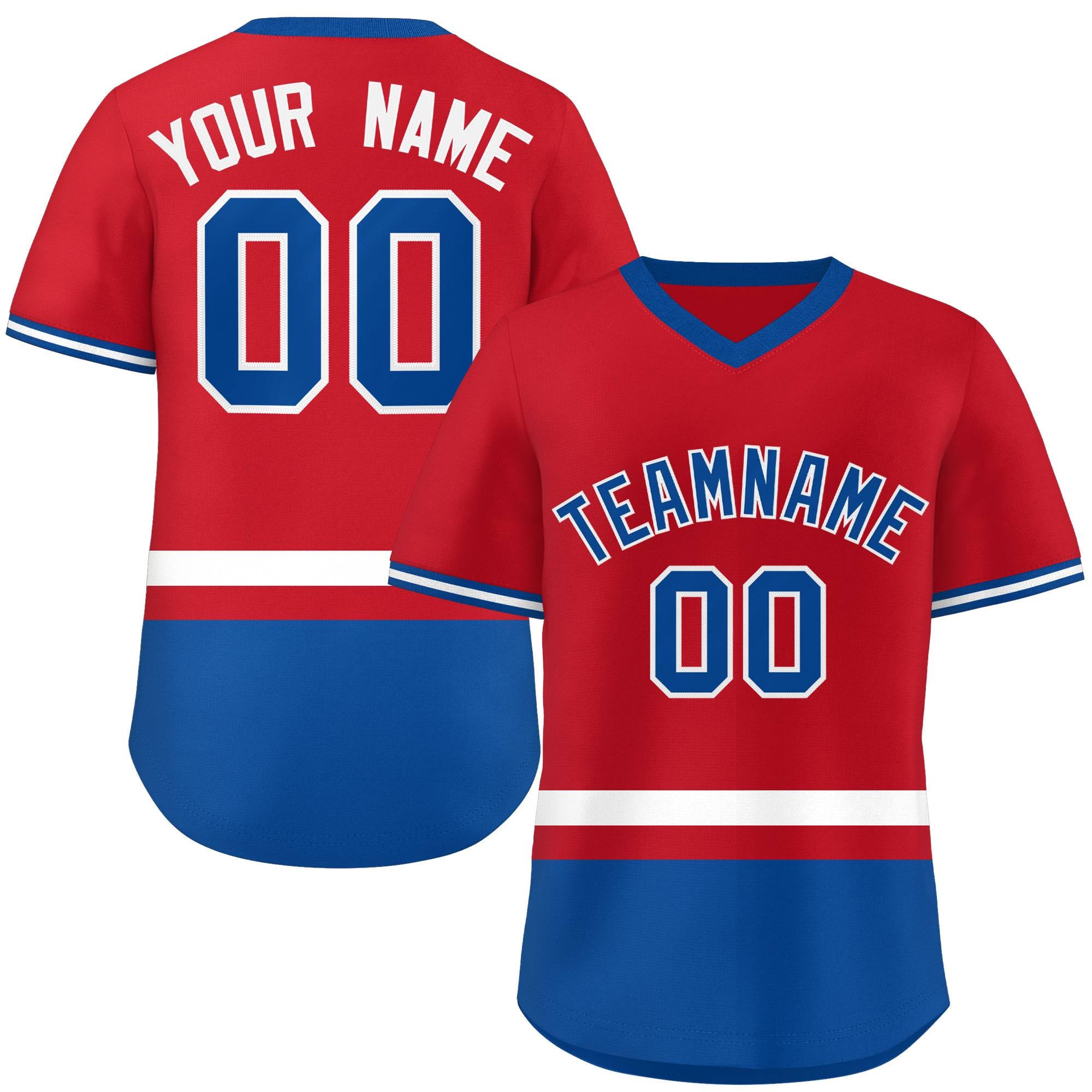 Custom Red White-Royal Color Block Personalized V-Neck Authentic Pullover Baseball Jersey