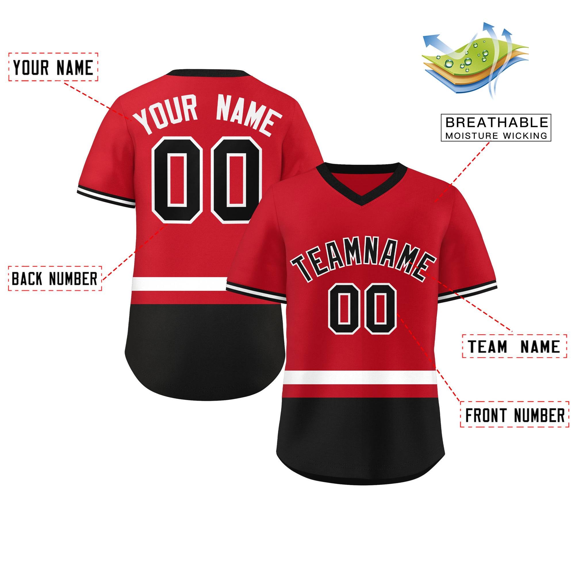 Custom Red White-Black Color Block Personalized V-Neck Authentic Pullover Baseball Jersey