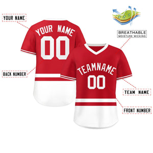 Custom Red White Color Block Personalized V-Neck Authentic Pullover Baseball Jersey