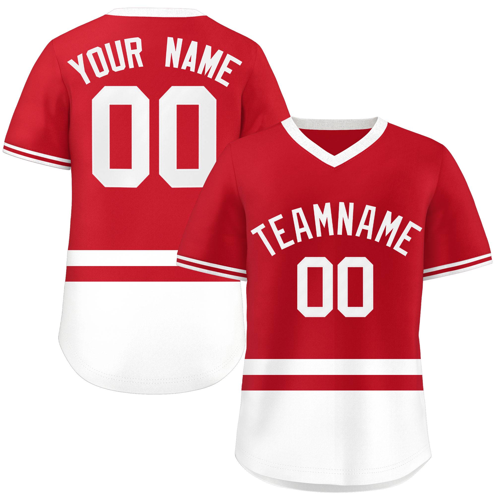 Custom Red White Color Block Personalized V-Neck Authentic Pullover Baseball Jersey