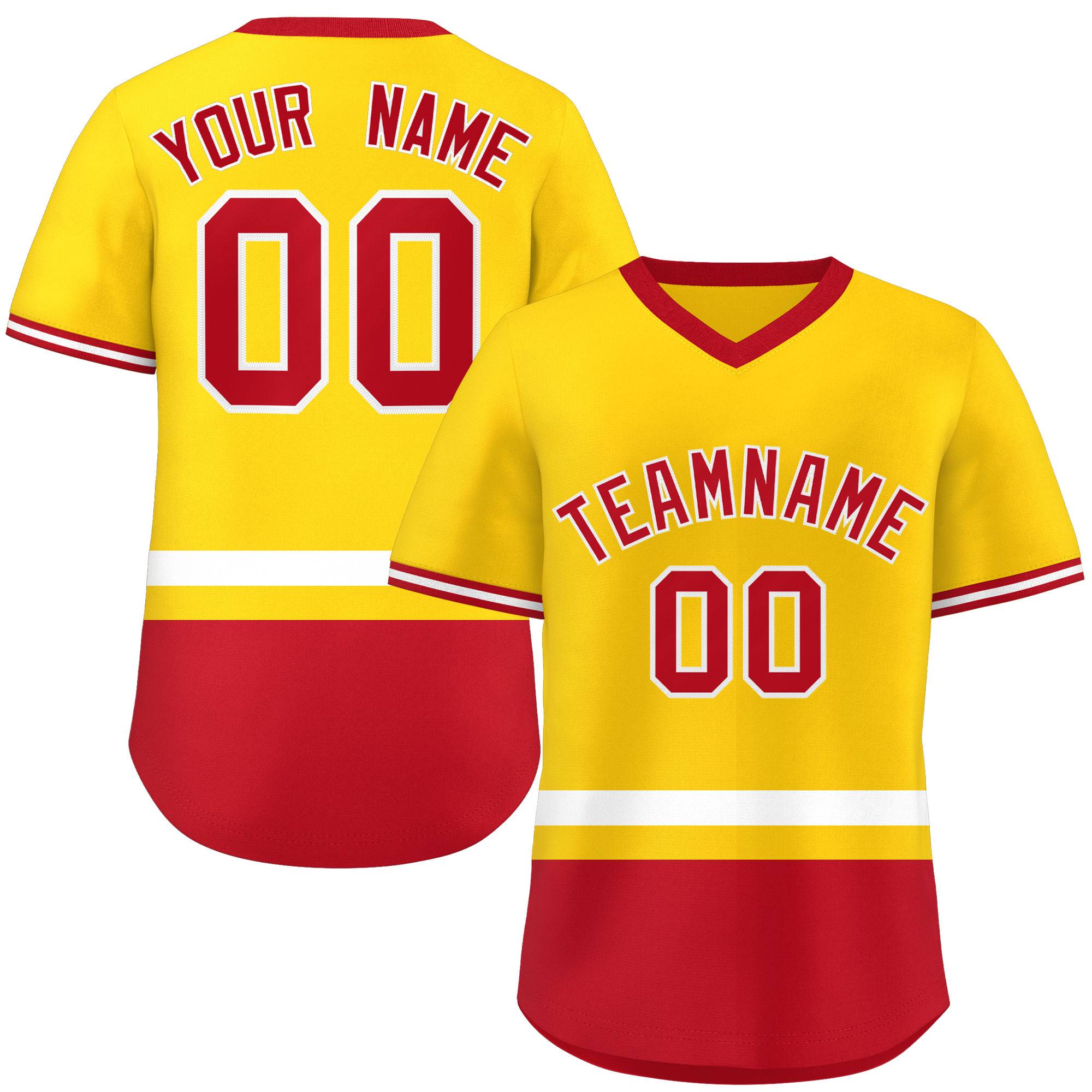 Custom Gold White-Red Color Block Personalized V-Neck Authentic Pullover Baseball Jersey