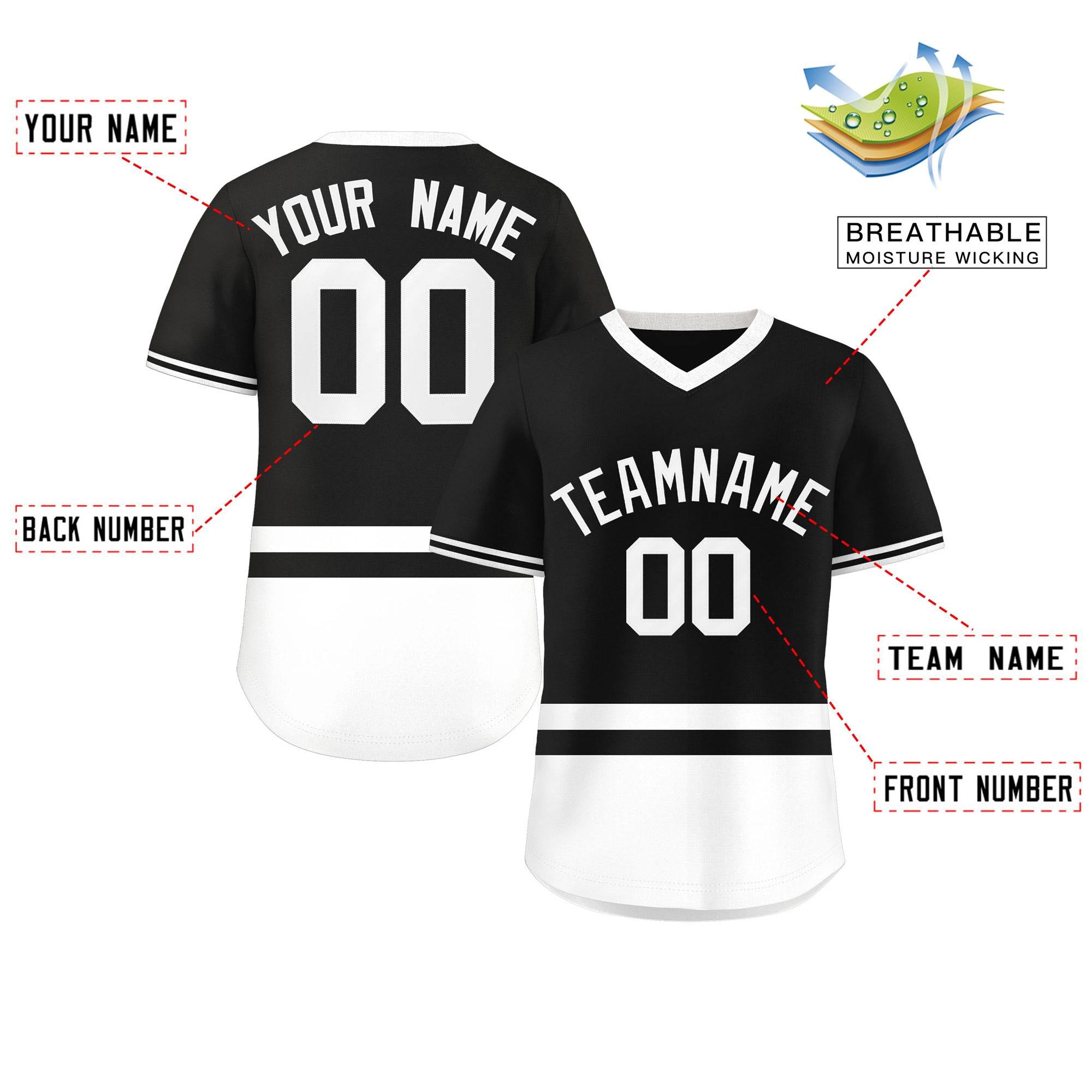 Custom Black White Color Block Personalized V-Neck Authentic Pullover Baseball Jersey