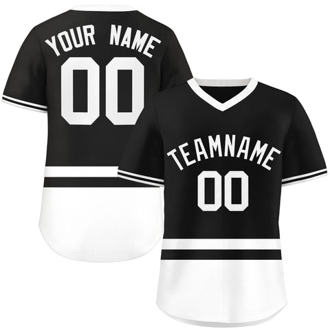 Custom Black White Color Block Personalized V-Neck Authentic Pullover Baseball Jersey