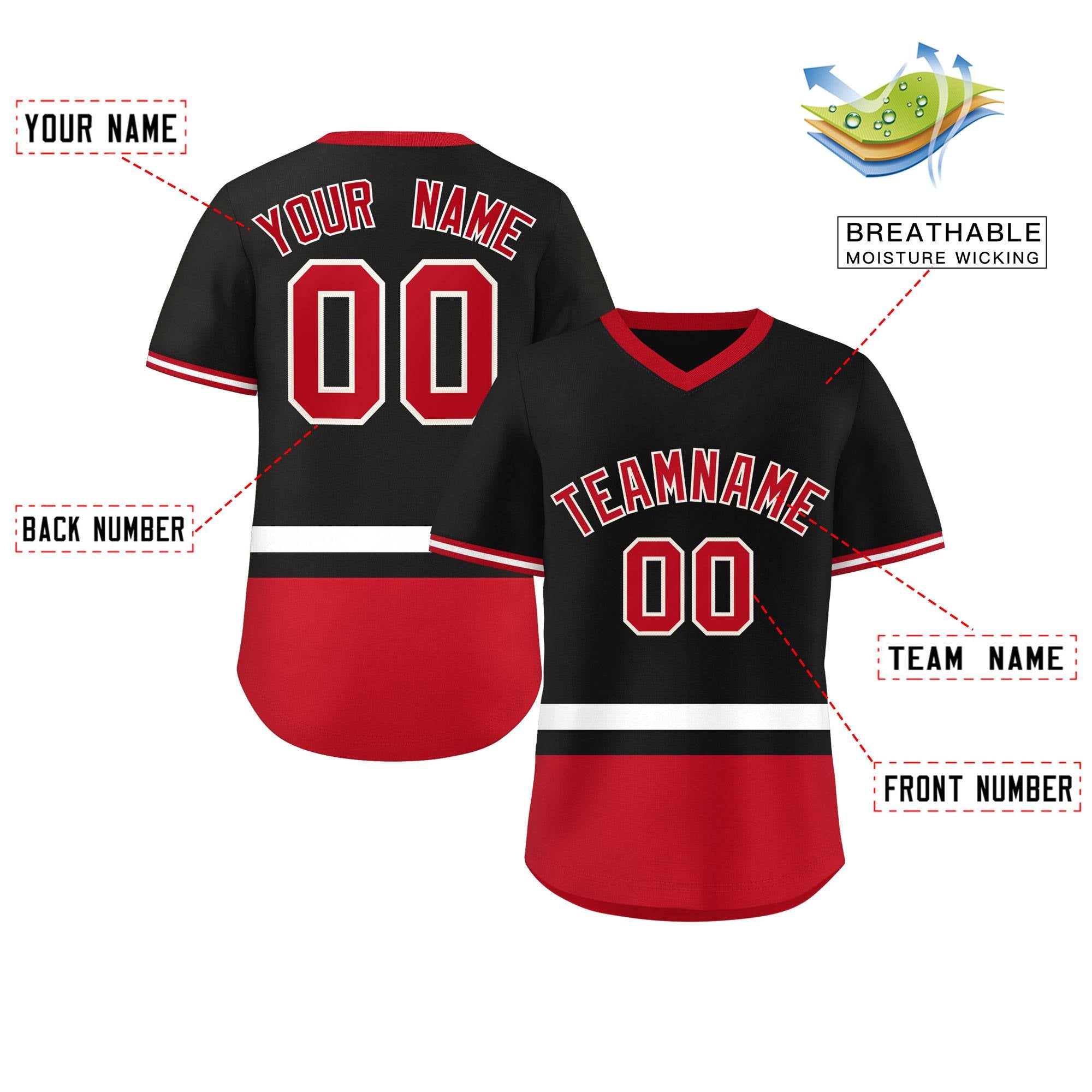 Custom Black White-Red Color Block Personalized V-Neck Authentic Pullover Baseball Jersey