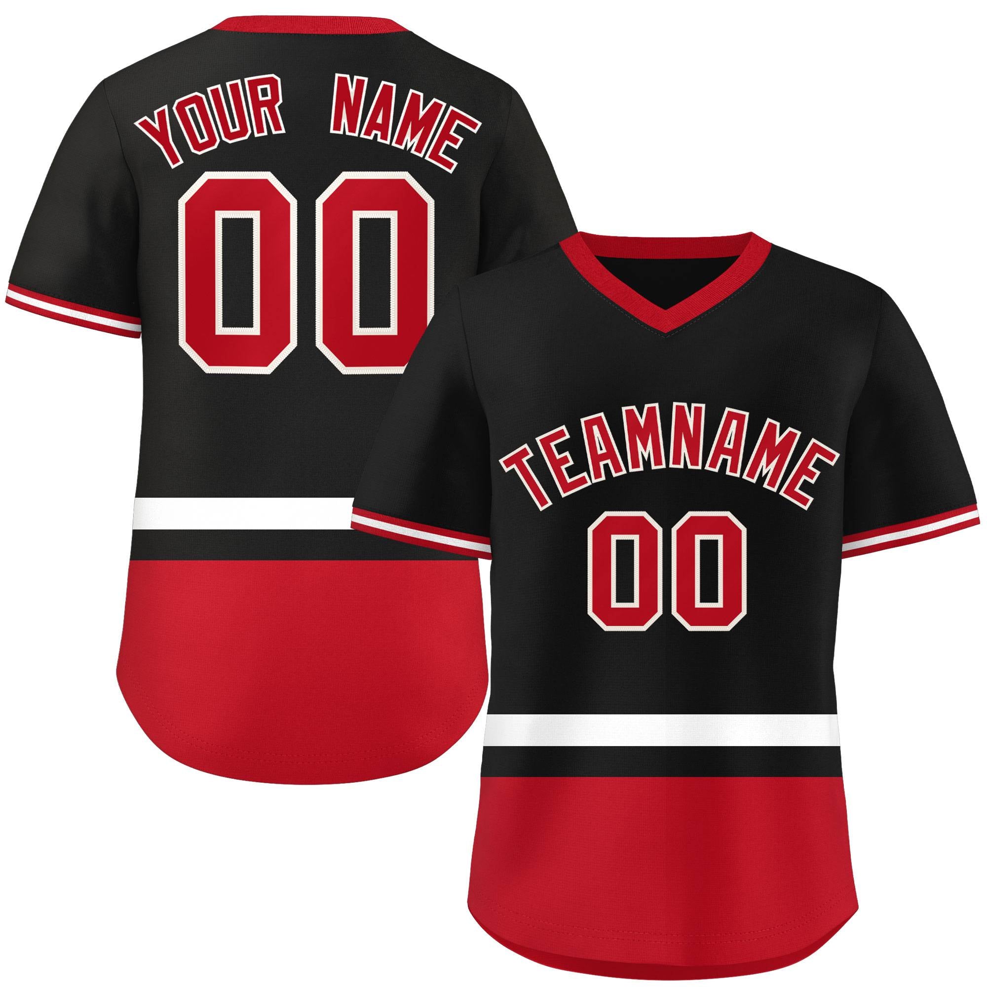 Custom Black White-Red Color Block Personalized V-Neck Authentic Pullover Baseball Jersey