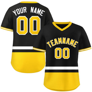 Custom Black White-Gold Color Block Personalized V-Neck Authentic Pullover Baseball Jersey