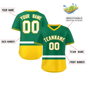 Custom Kelly Green White-Gold Color Block Personalized V-Neck Authentic Pullover Baseball Jersey