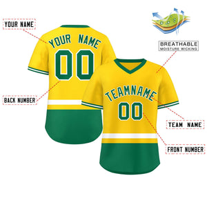 Custom Gold White-Kelly Green Color Block Personalized V-Neck Authentic Pullover Baseball Jersey