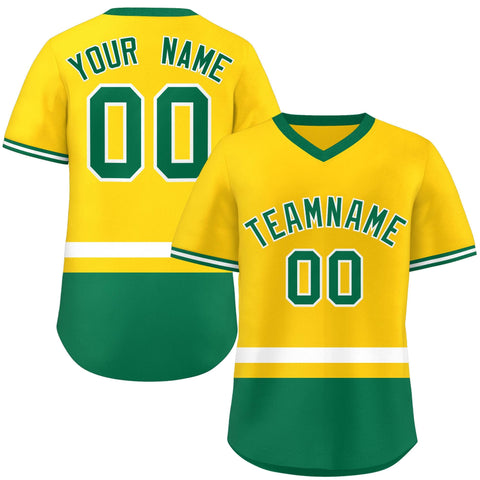 Custom Gold White-Kelly Green Color Block Personalized V-Neck Authentic Pullover Baseball Jersey