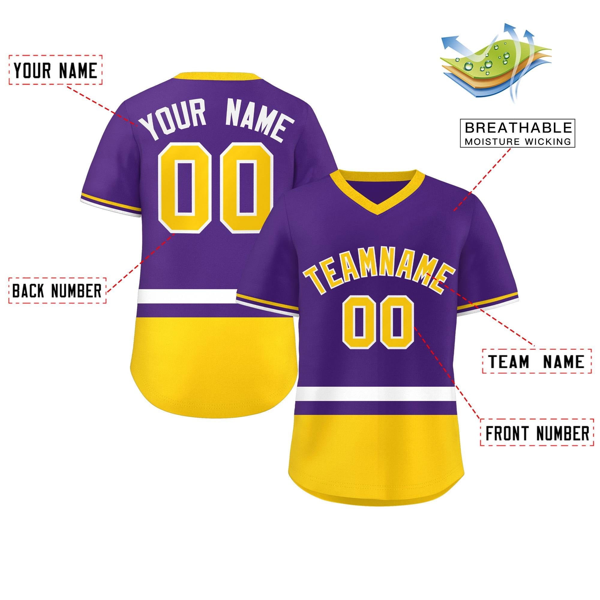 Custom Purple White-Gold Color Block Personalized V-Neck Authentic Pullover Baseball Jersey