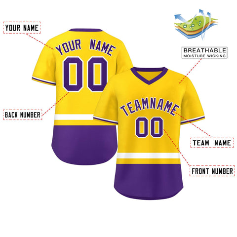 Custom Gold White-Purple Color Block Personalized V-Neck Authentic Pullover Baseball Jersey
