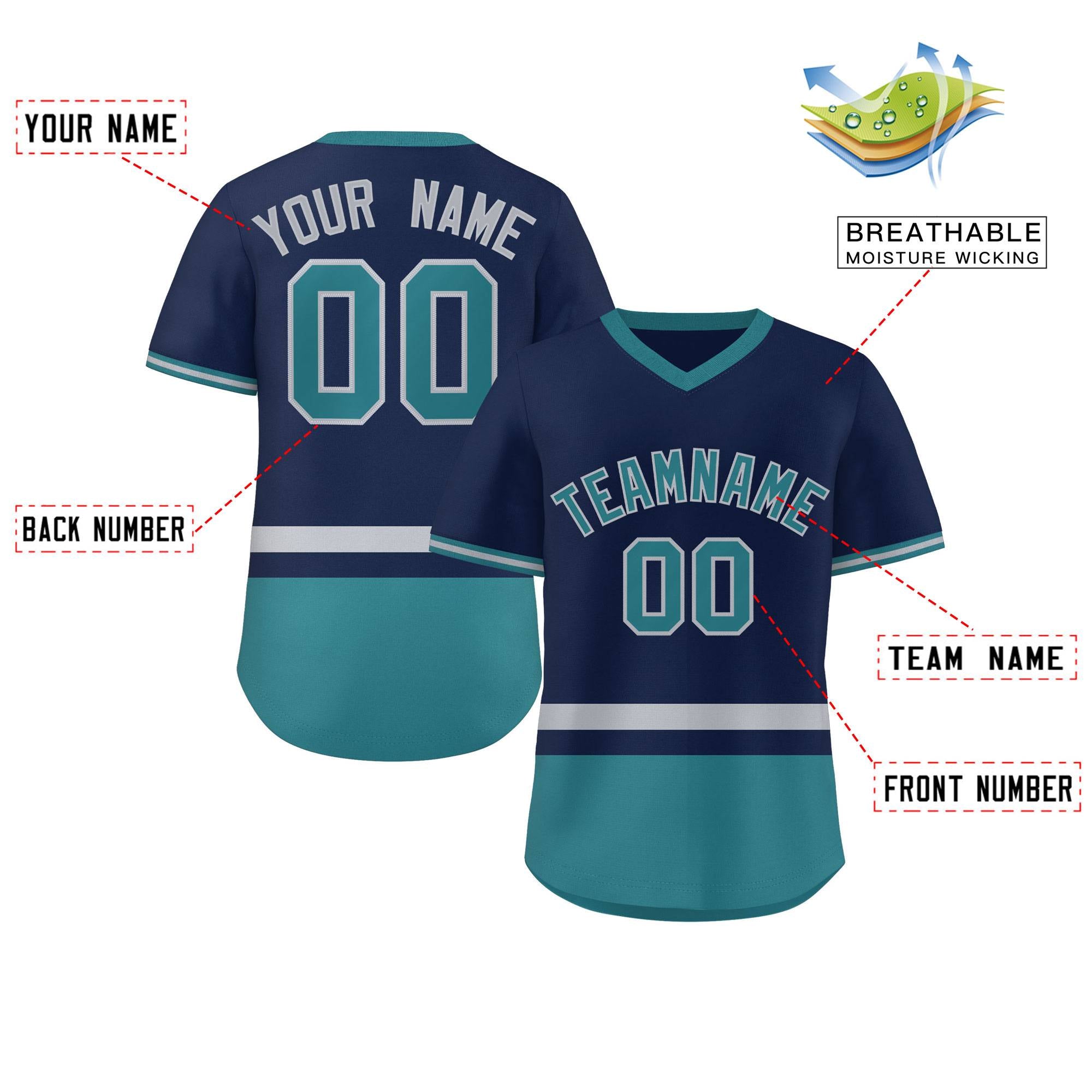 Custom Navy Gray-Aqua Color Block Personalized V-Neck Authentic Pullover Baseball Jersey