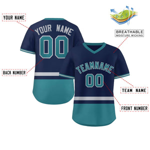 Custom Navy Gray-Aqua Color Block Personalized V-Neck Authentic Pullover Baseball Jersey