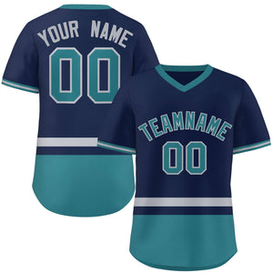 Custom Navy Gray-Aqua Color Block Personalized V-Neck Authentic Pullover Baseball Jersey