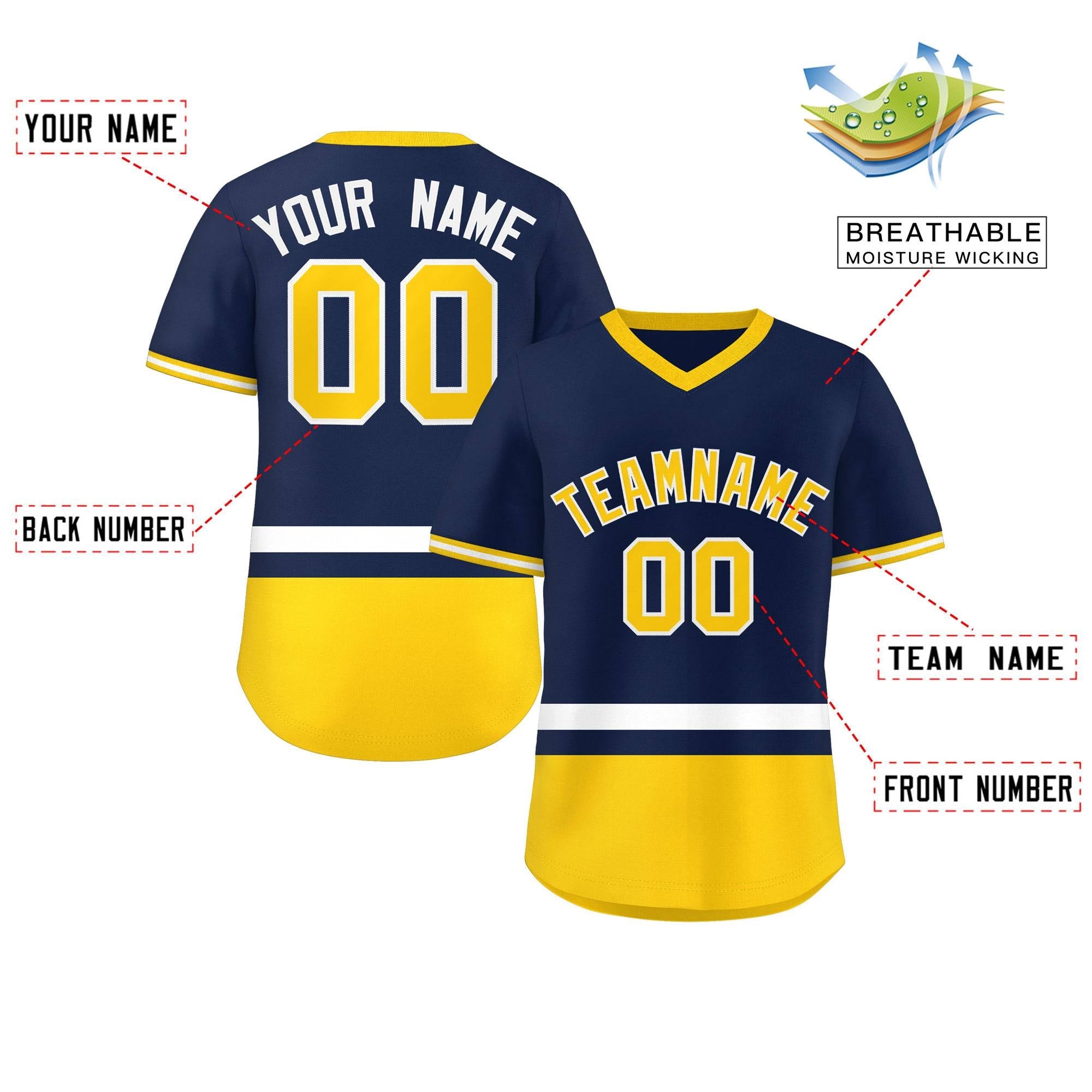 Custom Navy White-Gold Color Block Personalized V-Neck Authentic Pullover Baseball Jersey