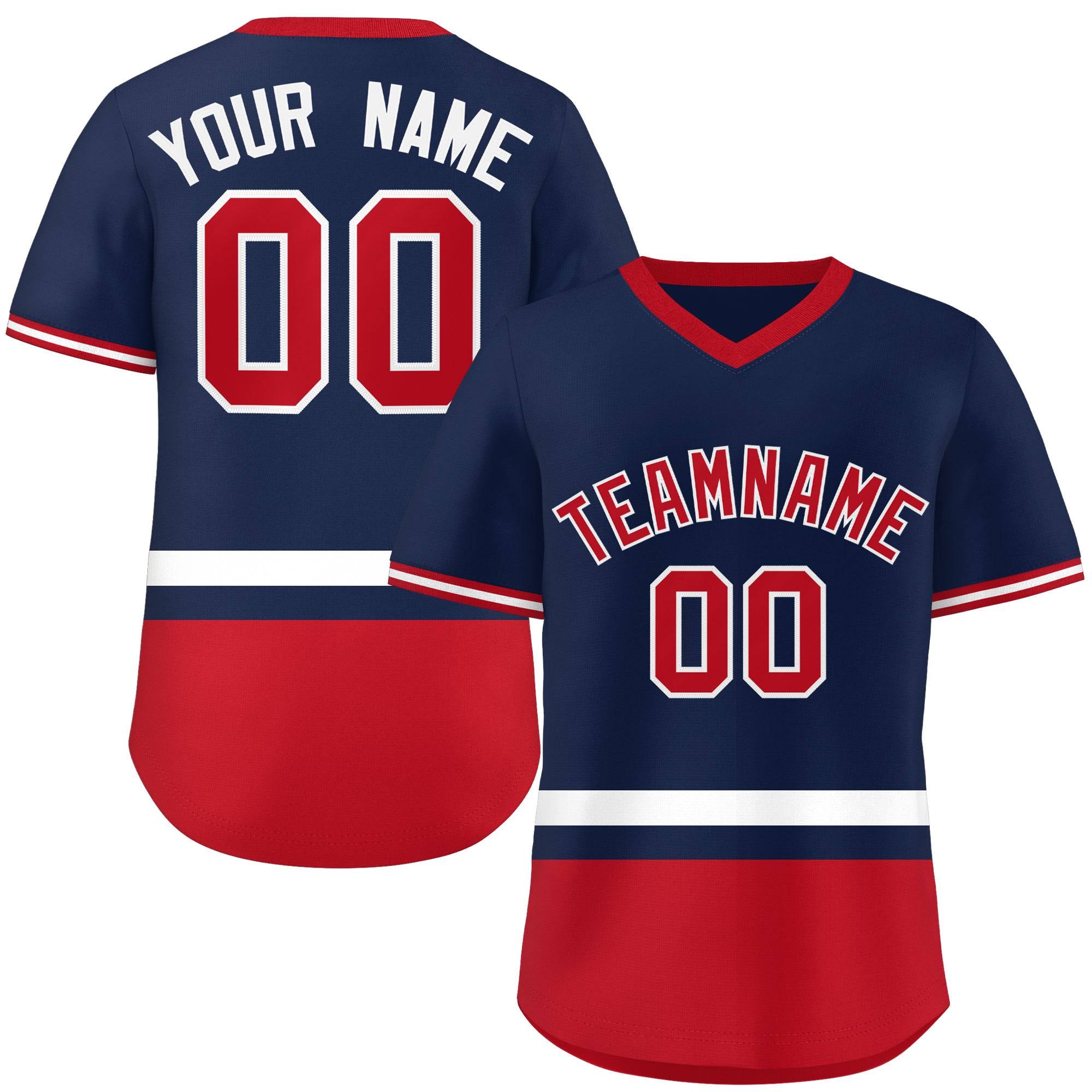 Custom Navy White-Red Color Block Personalized V-Neck Authentic Pullover Baseball Jersey