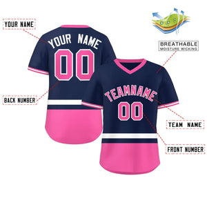 Custom Navy White-Pink Color Block Personalized V-Neck Authentic Pullover Baseball Jersey