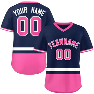 Custom Navy White-Pink Color Block Personalized V-Neck Authentic Pullover Baseball Jersey