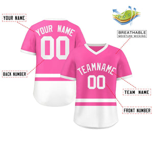 Custom Pink White Color Block Personalized V-Neck Authentic Pullover Baseball Jersey