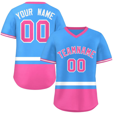 Custom Powder Blue White-Pink Color Block Personalized V-Neck Authentic Pullover Baseball Jersey