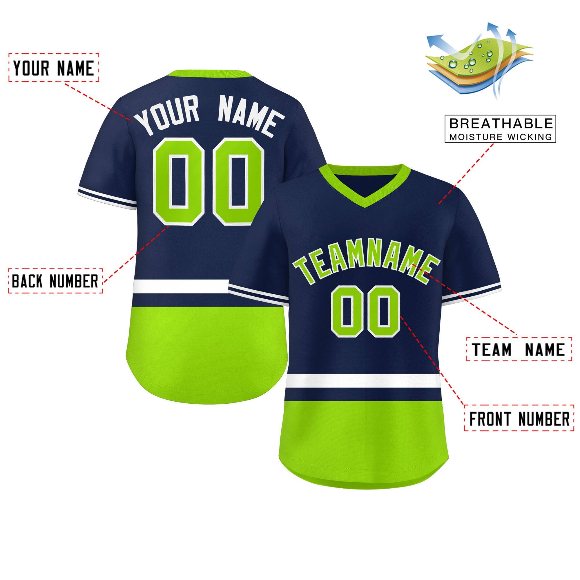 Custom Navy White-Neon Green Color Block Personalized V-Neck Authentic Pullover Baseball Jersey