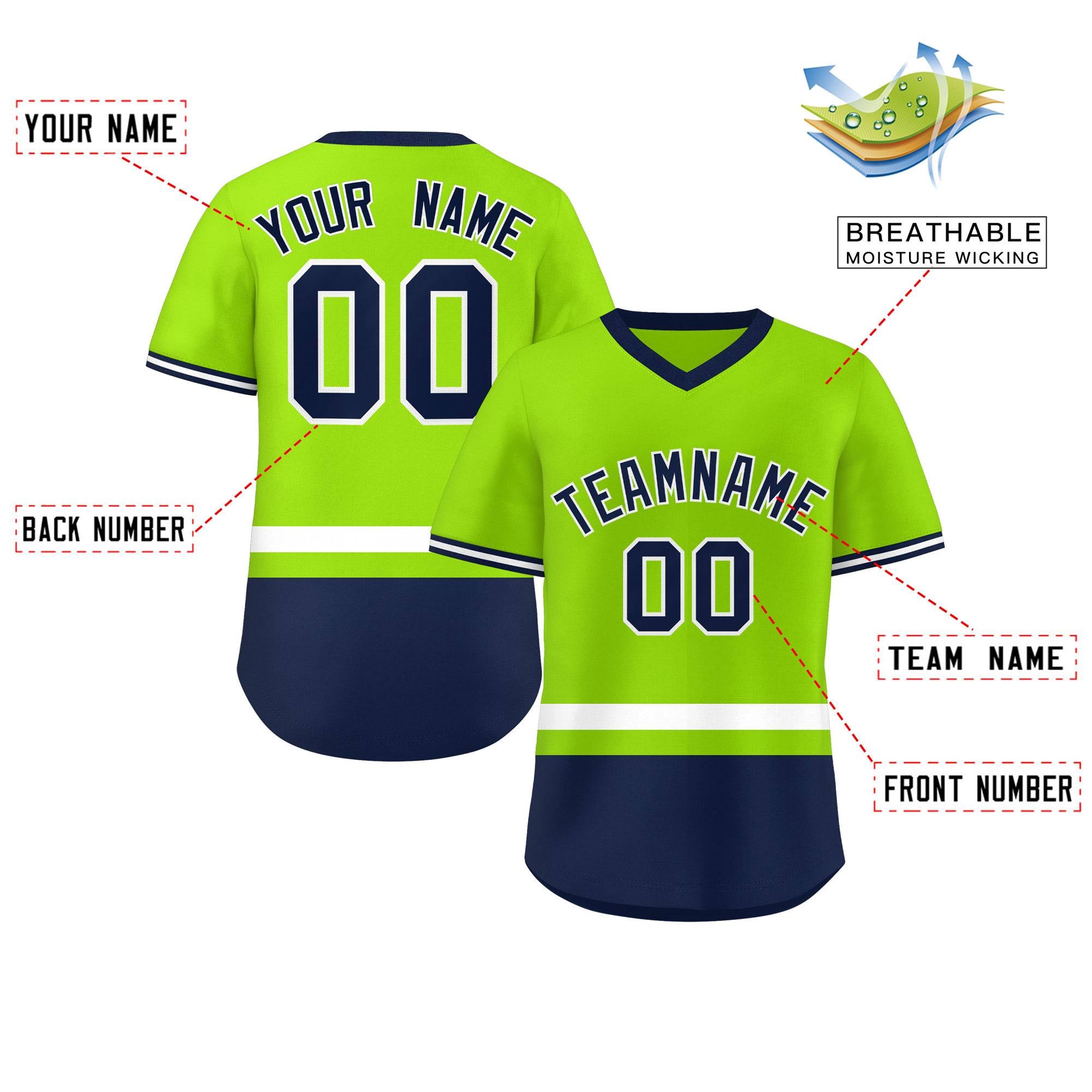 Custom Neon Green White-Navy Color Block Personalized V-Neck Authentic Pullover Baseball Jersey