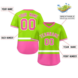 Custom Neon Green White-Pink Color Block Personalized V-Neck Authentic Pullover Baseball Jersey