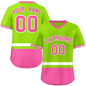 Custom Neon Green White-Pink Color Block Personalized V-Neck Authentic Pullover Baseball Jersey