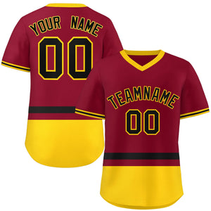 Custom Crimson Black-Gold Color Block Personalized V-Neck Authentic Pullover Baseball Jersey