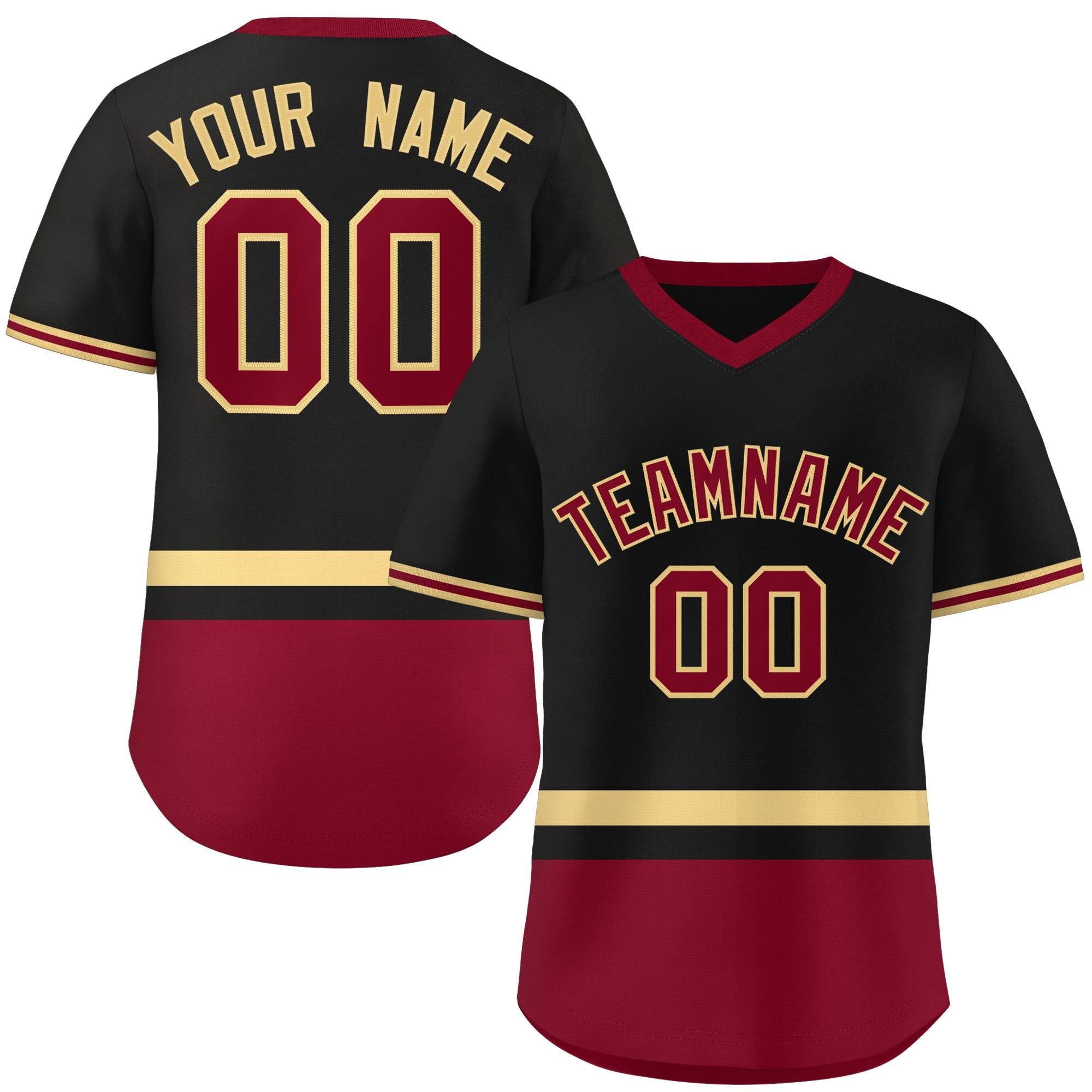 Custom Black Khaki-Crimson Color Block Personalized V-Neck Authentic Pullover Baseball Jersey