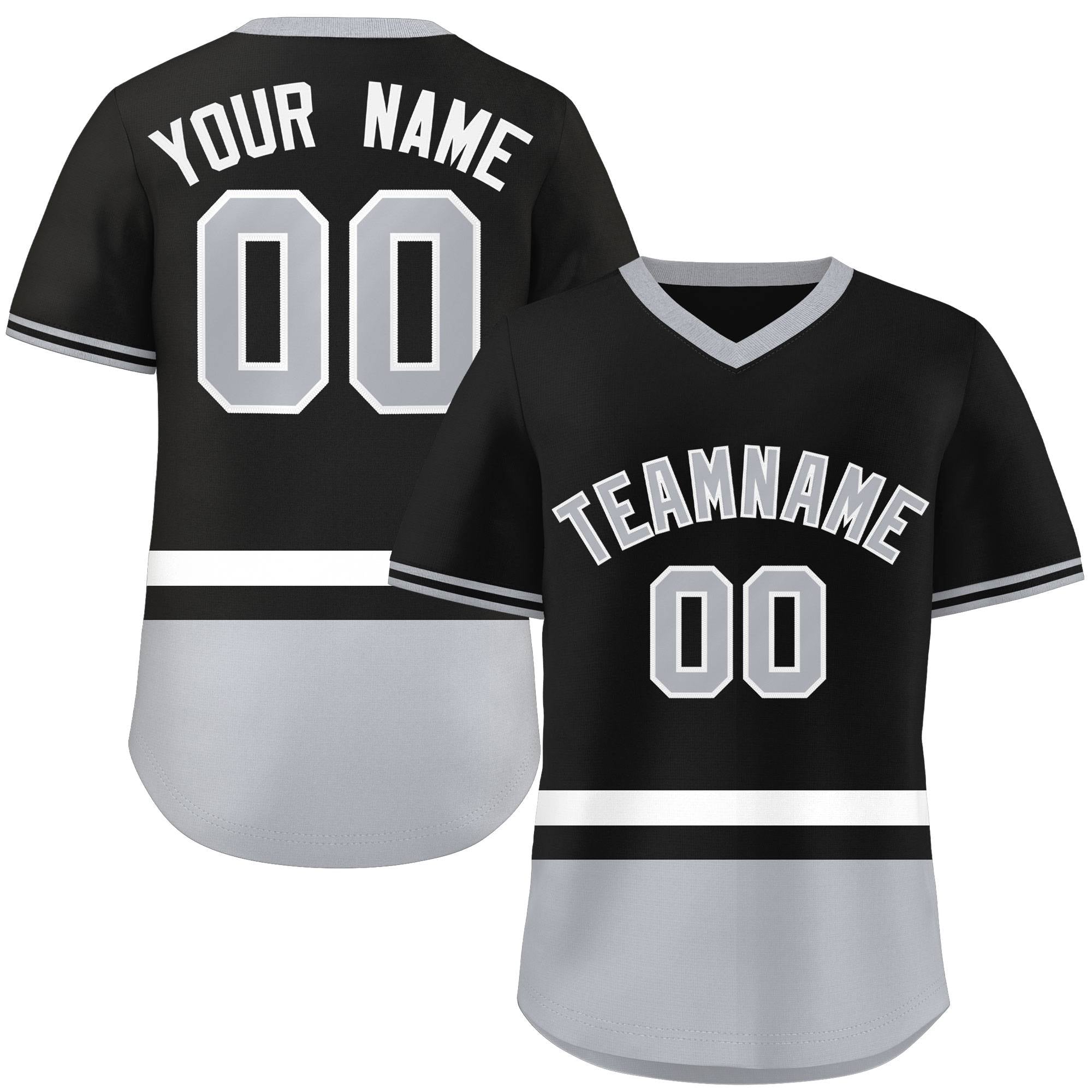 Custom Black White-Gray Color Block Personalized V-Neck Authentic Pullover Baseball Jersey