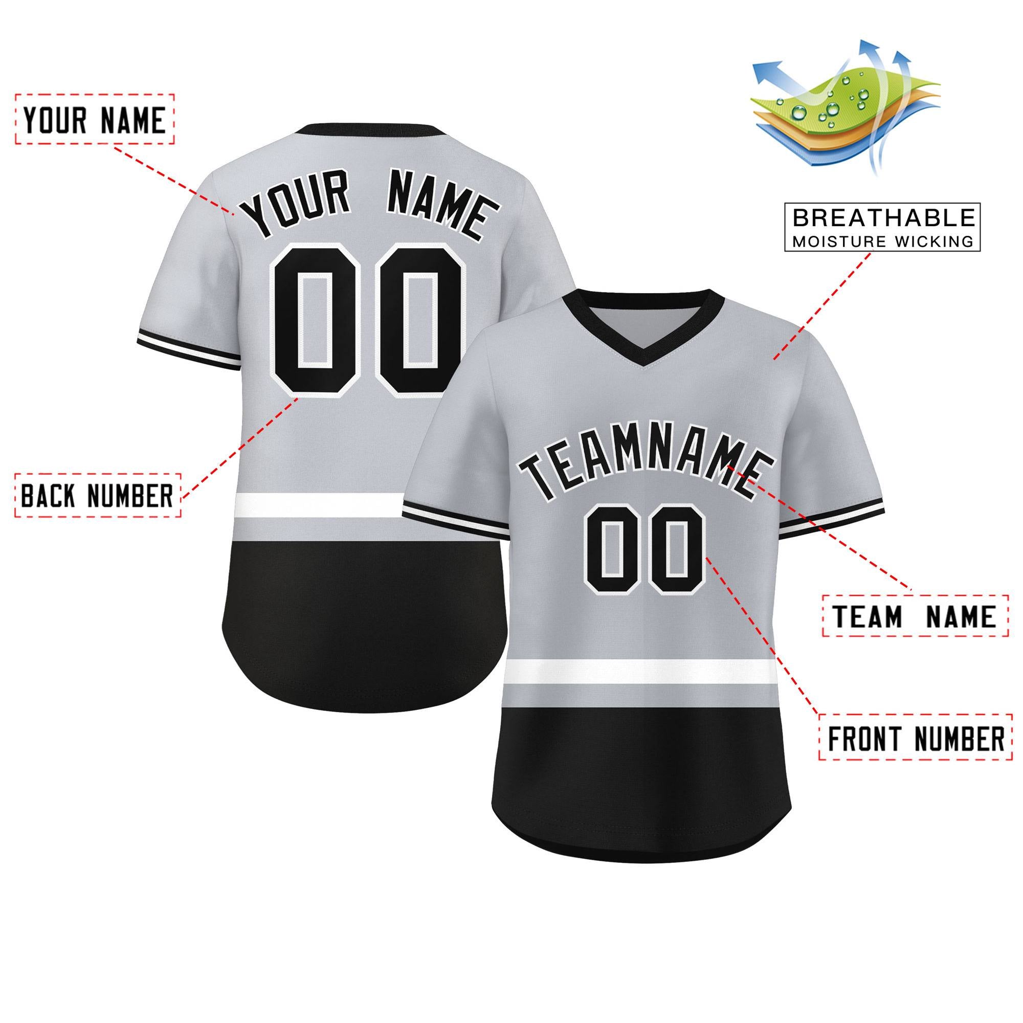 Custom Gray White-Black Color Block Personalized V-Neck Authentic Pullover Baseball Jersey