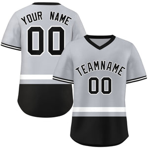 Custom Gray White-Black Color Block Personalized V-Neck Authentic Pullover Baseball Jersey