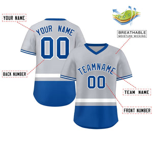 Custom Gray White-Royal Color Block Personalized V-Neck Authentic Pullover Baseball Jersey