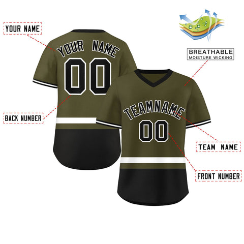 Custom Olive White-Black Color Block Personalized V-Neck Authentic Pullover Baseball Jersey