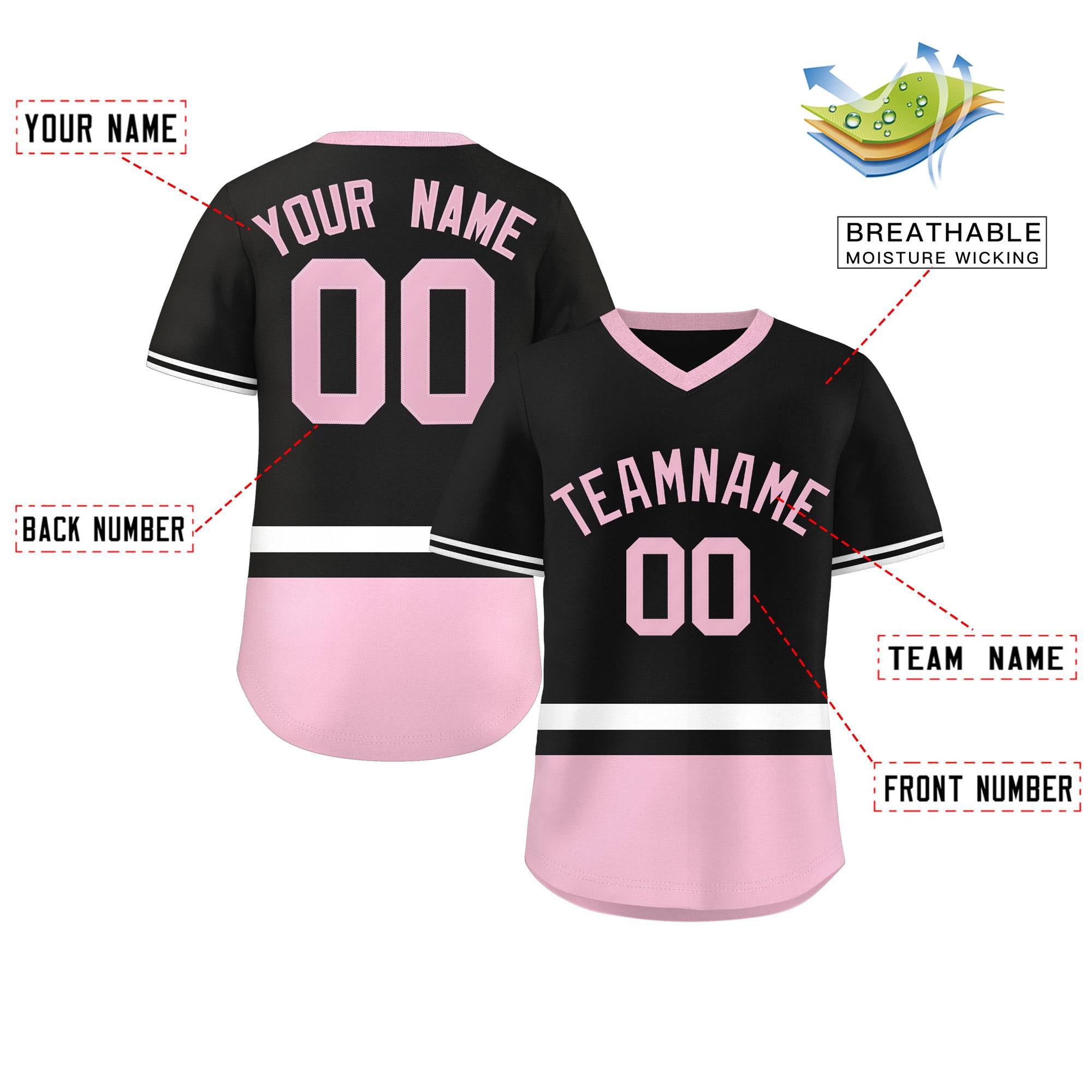 Custom Black White-Light Pink Color Block Personalized V-Neck Authentic Pullover Baseball Jersey