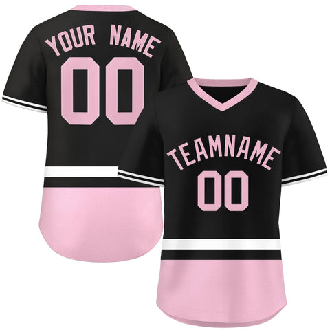 Custom Black White-Light Pink Color Block Personalized V-Neck Authentic Pullover Baseball Jersey