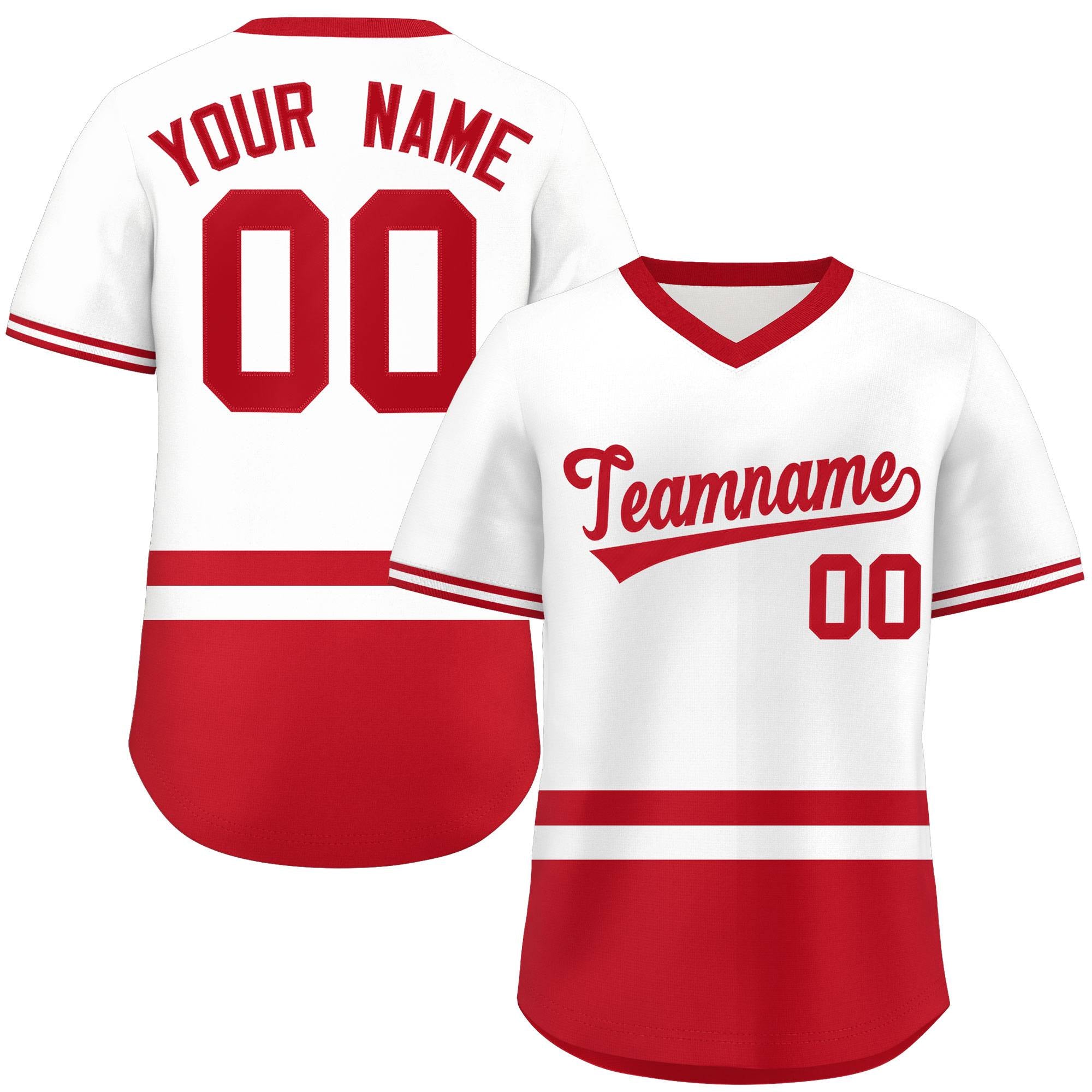 Custom White Red Color Block Personalized V-Neck Authentic Pullover Baseball Jersey