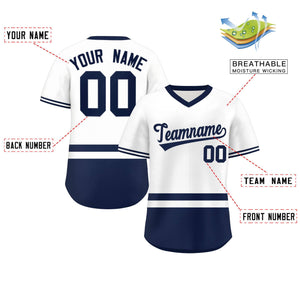 Custom White Navy Color Block Personalized V-Neck Authentic Pullover Baseball Jersey