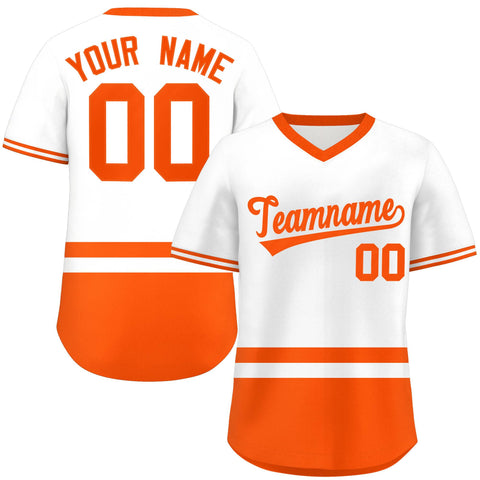 Custom White Orange Color Block Personalized V-Neck Authentic Pullover Baseball Jersey