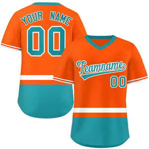 Custom Orange White-Aqua Color Block Personalized V-Neck Authentic Pullover Baseball Jersey