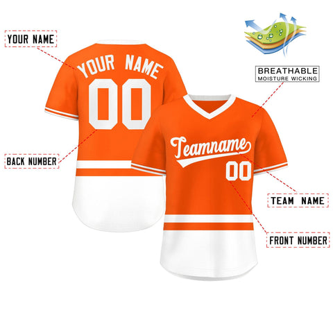 Custom Orange White Color Block Personalized V-Neck Authentic Pullover Baseball Jersey