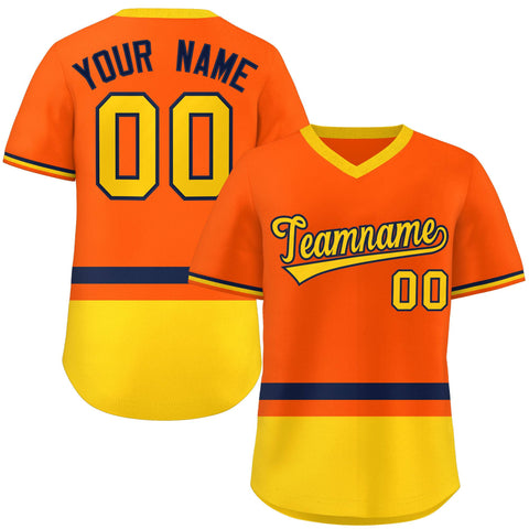 Custom Orange Navy-Gold Color Block Personalized V-Neck Authentic Pullover Baseball Jersey