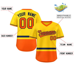 Custom Gold Navy-Orange Color Block Personalized V-Neck Authentic Pullover Baseball Jersey