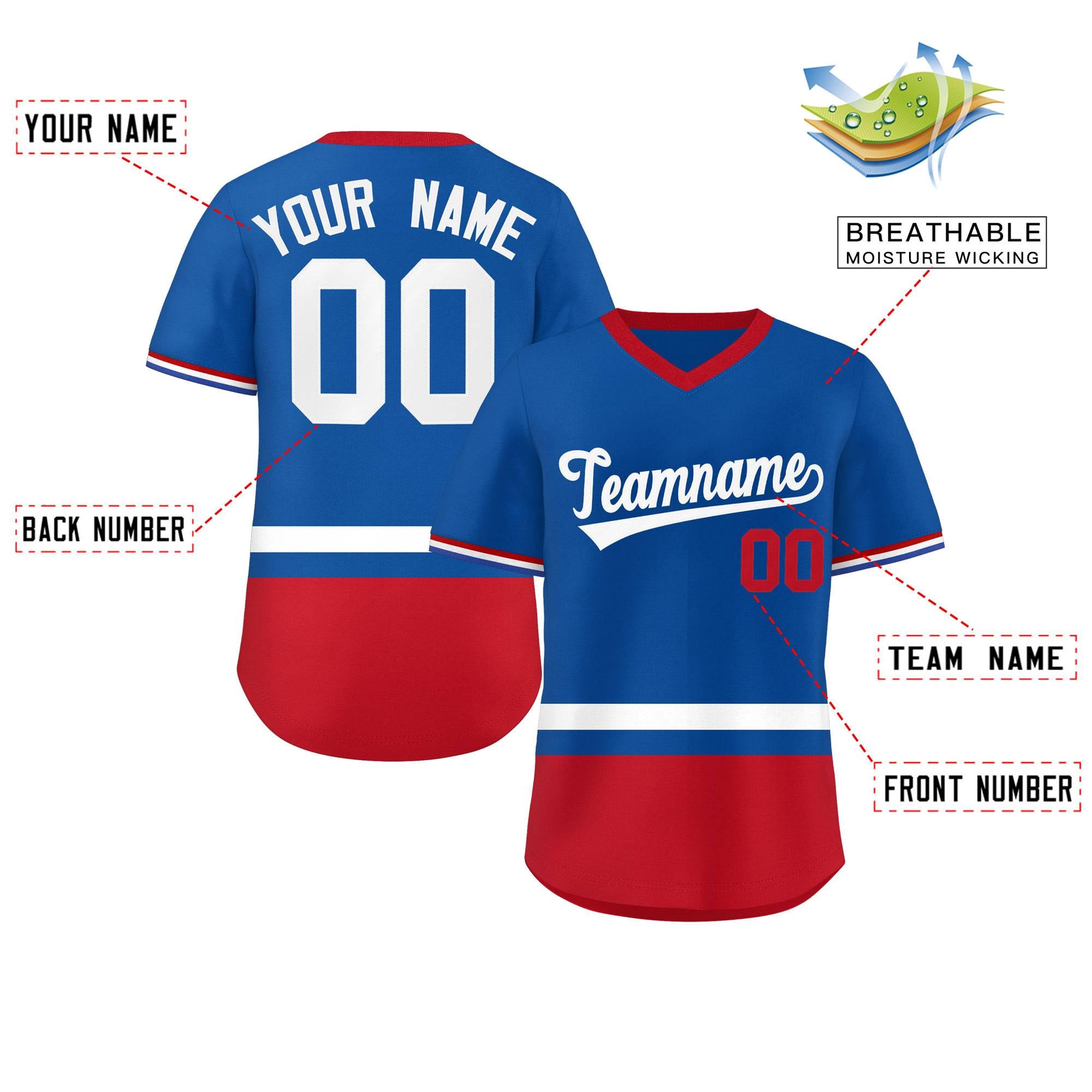 Custom Royal White-Red Color Block Personalized V-Neck Authentic Pullover Baseball Jersey