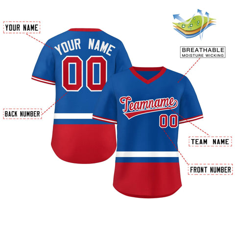 Custom Royal White-Red Color Block Personalized V-Neck Authentic Pullover Baseball Jersey