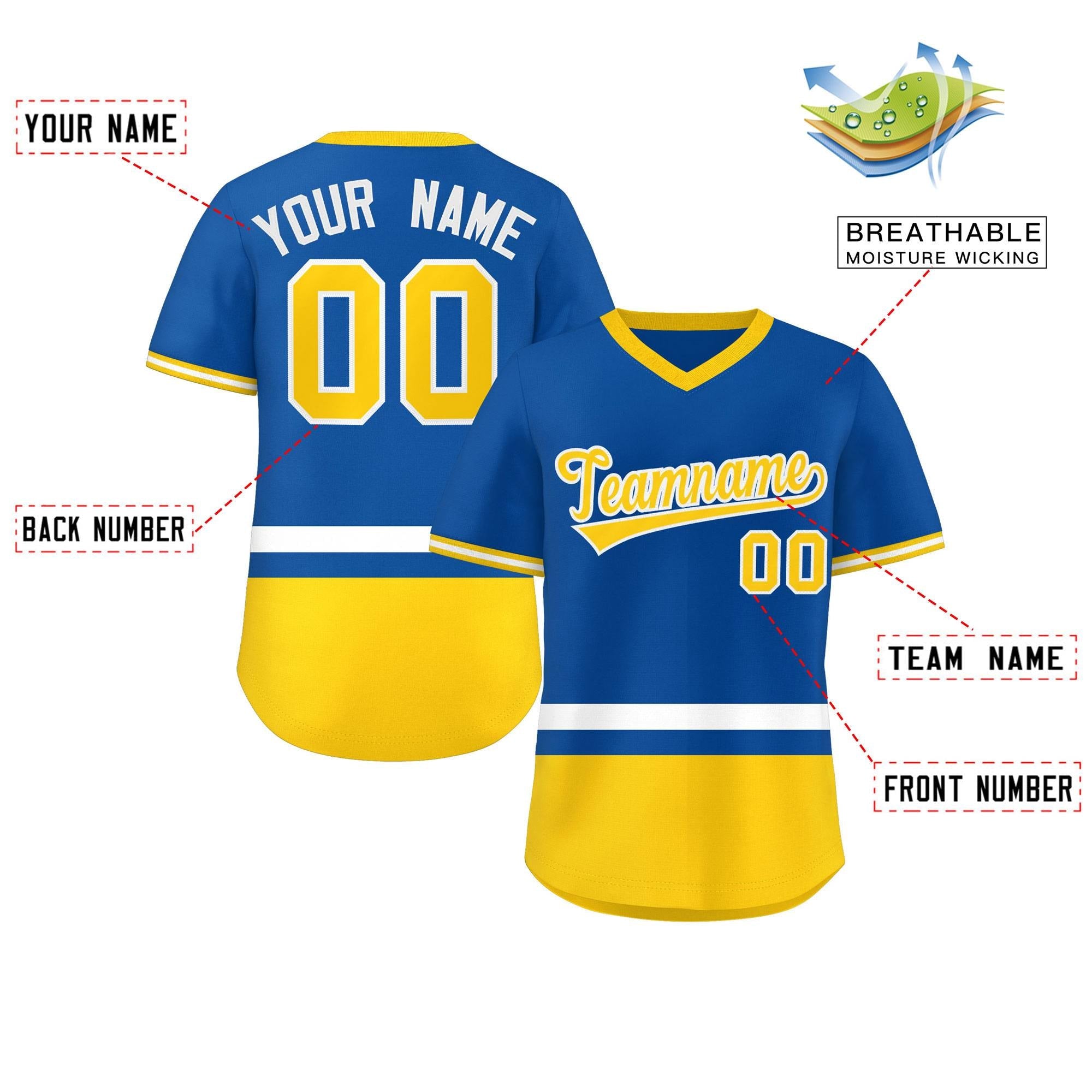 Custom Royal White-Gold Color Block Personalized V-Neck Authentic Pullover Baseball Jersey