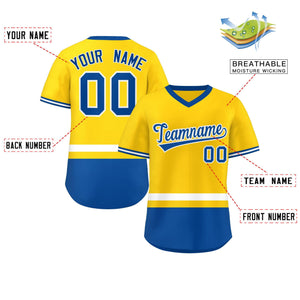 Custom Gold White-Royal Color Block Personalized V-Neck Authentic Pullover Baseball Jersey