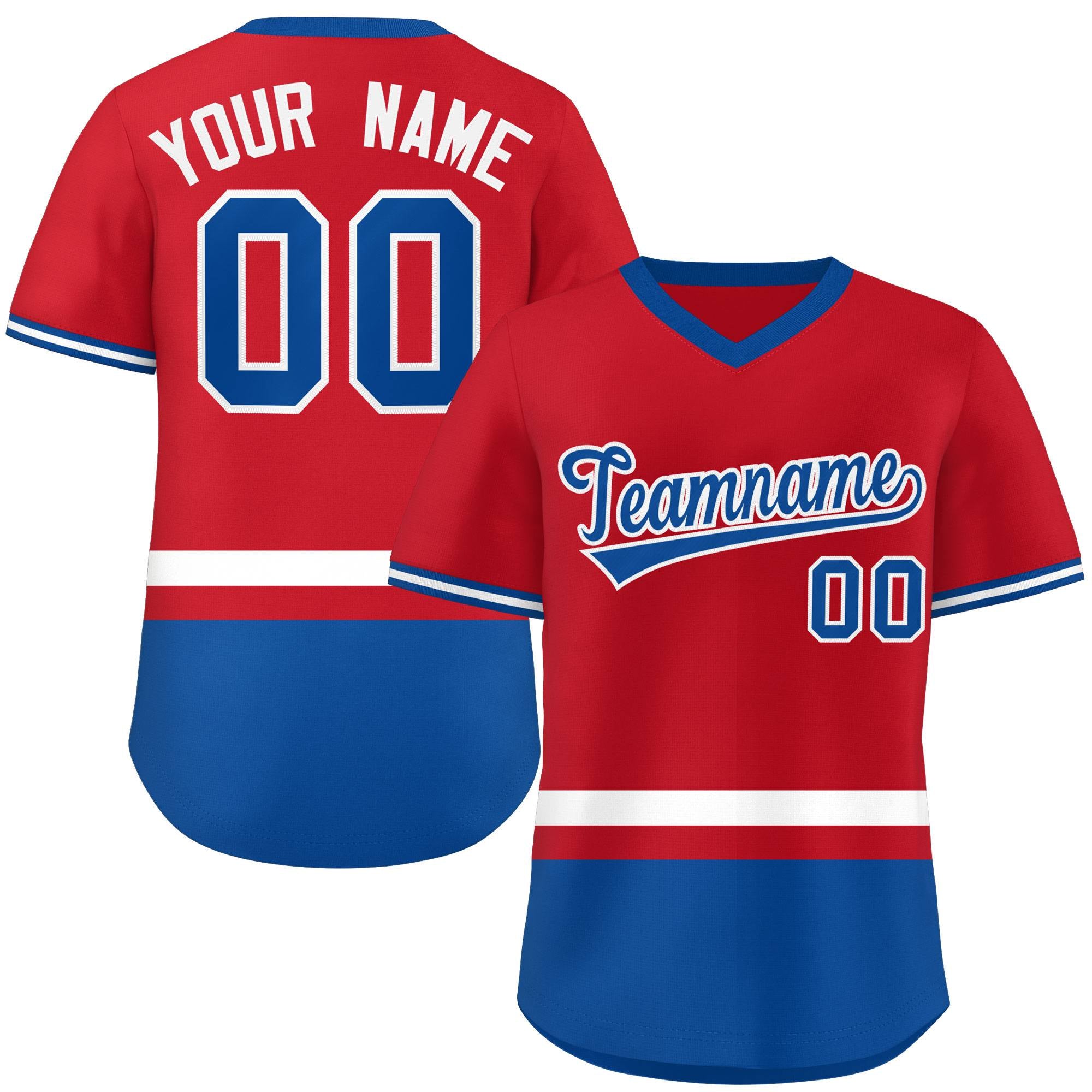 Custom Red White-Royal Color Block Personalized V-Neck Authentic Pullover Baseball Jersey